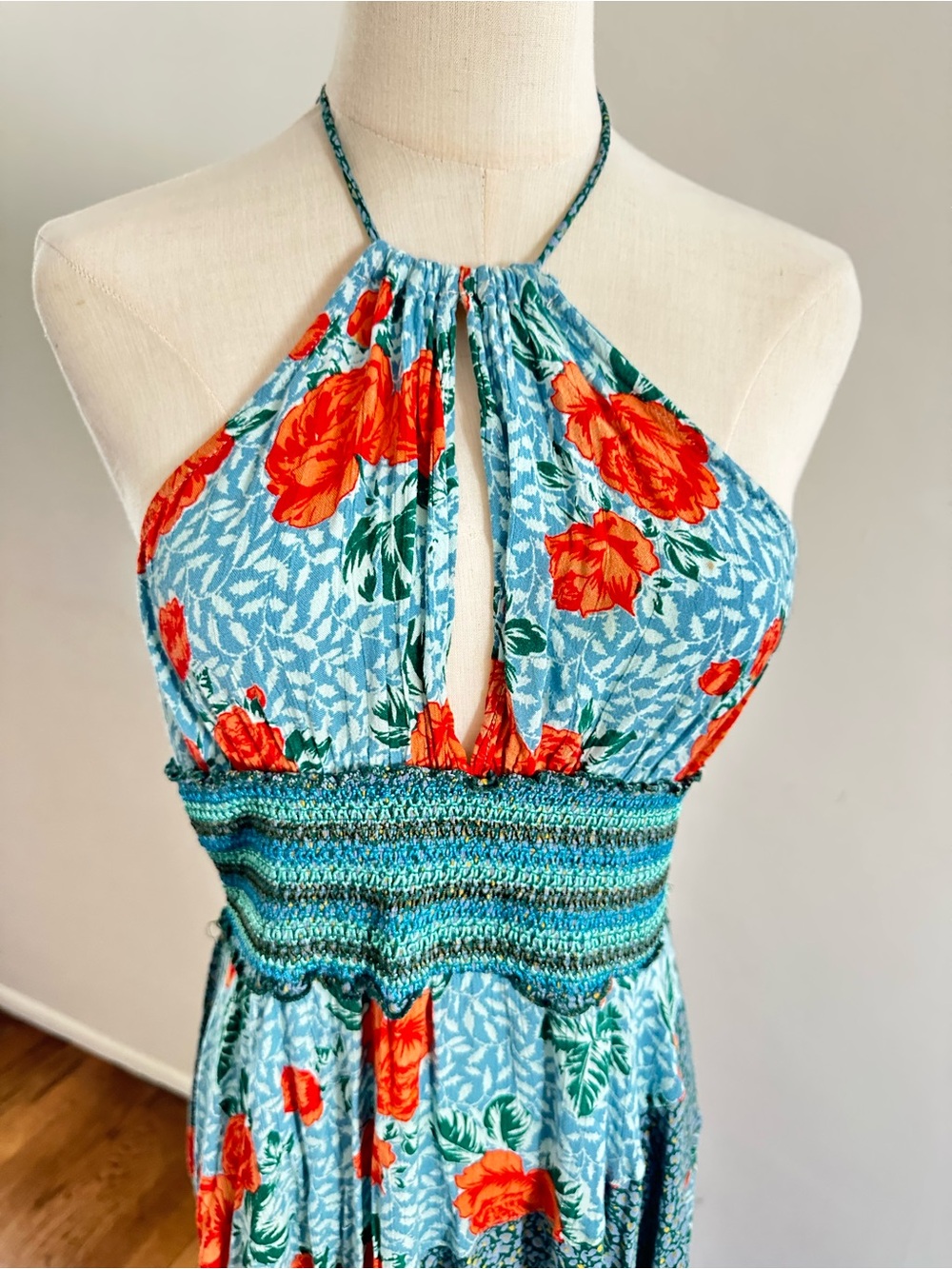 Intimately Free People Blue Orange Floral Halter Maxi Dress Boho M - Picture 2 of 6